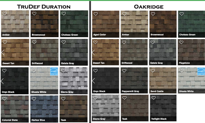 Owens Corning roofing shingle colors